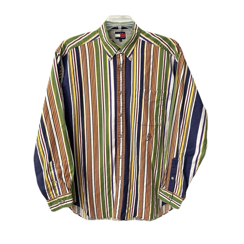 90s Vintage Tommy Hilfiger Mens Large Button Down Shirt Retro Multicolor Stripes
